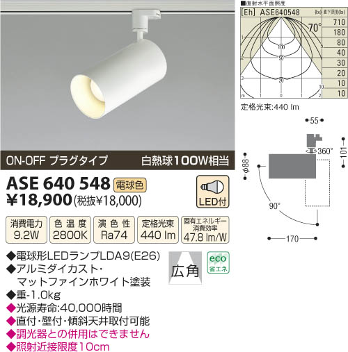 コイズミ照明 KOIZUMI LEDスポットライト（プラグ） ASE640548 | 商品