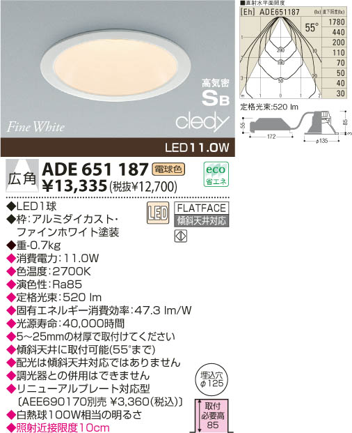 KOIZUMI コイズミ LED高気密SB形ダウンライト ADE651187 | 商品情報