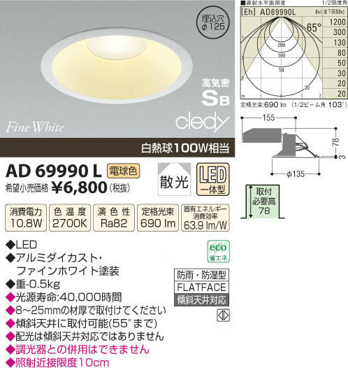 コイズミ照明 KOIZUMI LED高気密ダウンライト AD69990L | 商品情報