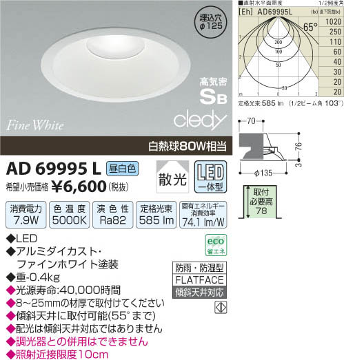 コイズミ照明 KOIZUMI LED高気密ダウンライト AD69995L | 商品情報