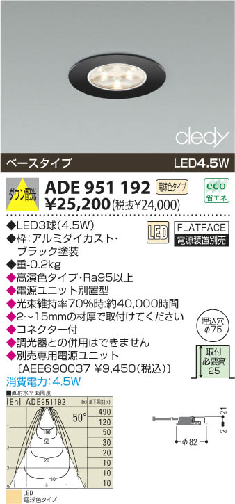 KOIZUMI LEDダウンライト ADE951192 | 商品情報 | LED照明器具の激安