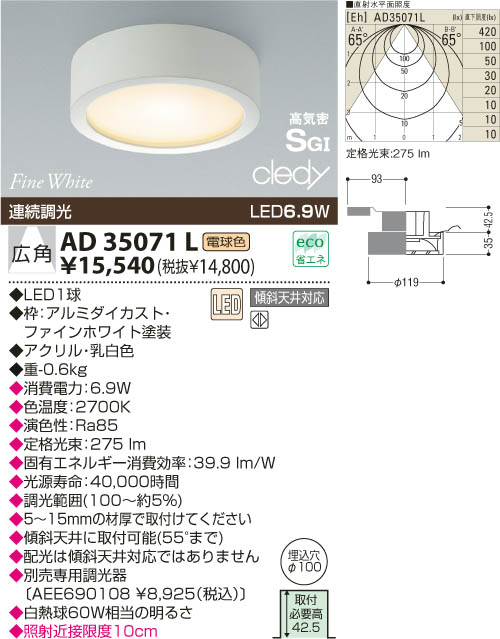 KOIZUMI LED浅型ダウンライト AD35071L | 商品情報 | LED照明器具の