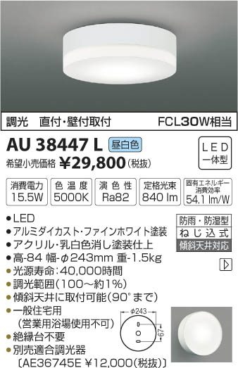 コイズミ照明 KOIZUMI 防雨防湿型シーリング LED（昼白色） AU38447L