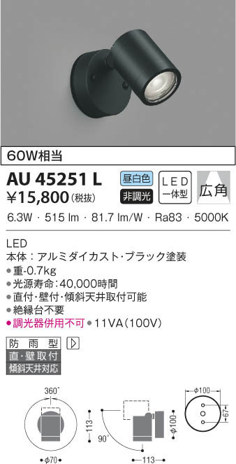 KOIZUMI コイズミ照明 エクステリアスポットライト AU45251L | 商品
