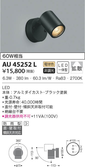 AU92260 コイズミ照明 ガーデンライト スポットライト 白熱球25W相当 電球色 防雨型 - 2