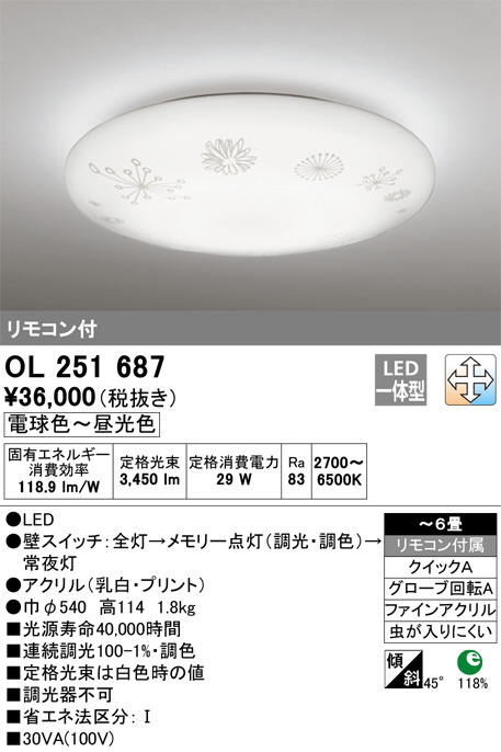 ODELIC オーデリック シーリングライト OL251687 | 商品情報 | LED照明