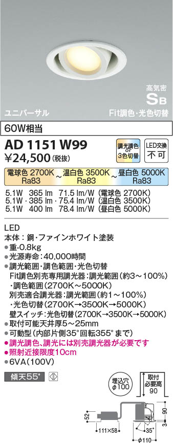 Koizumi コイズミ照明 高気密SBユニバーサルダウンライトAD1151W99