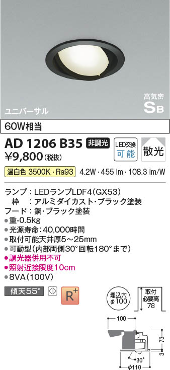 Koizumi コイズミ照明 高気密SBユニバーサルダウンライトAD1206B35