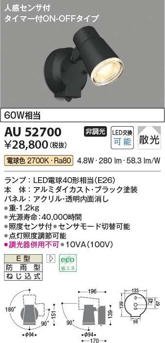 Koizumi コイズミ照明 エクステリアスポットライトAU52700 | 商品情報
