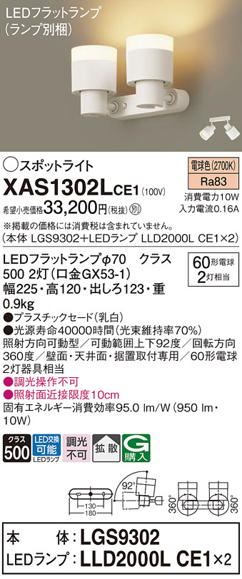 Panasonic スポットライト XAS1302LCE1 | 商品情報 | LED照明器具の