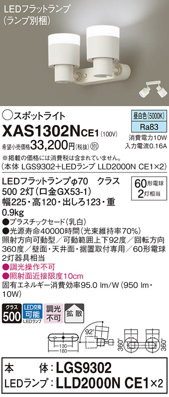 Panasonic スポットライト XAS1302NCE1 | 商品情報 | LED照明器具の